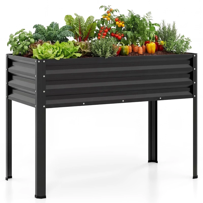 FANTASK Metal Raised Bed, 112 x 55 x 81 cm, Raised Planter with Drainage Holes, Planter up to 80 kg, Herb Bed for Vegetables, Fruit, Flowers, Herbs, Planter for Balcony, Garden (Black)