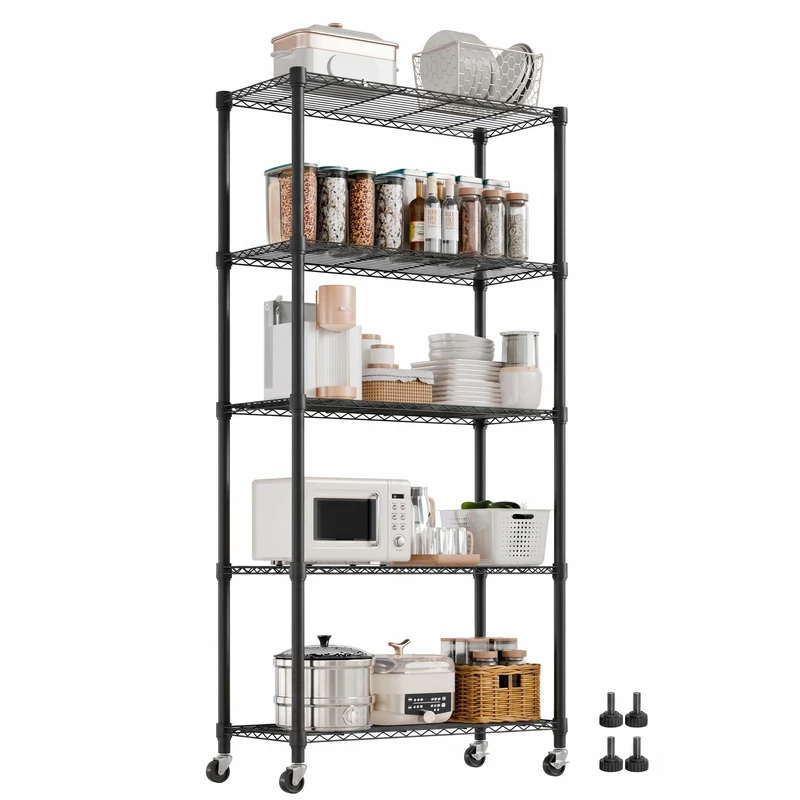 Mondeer Metal Shelving Units 5 Tiers, 4 Wheels and 4 Feet, W90 x H180cm