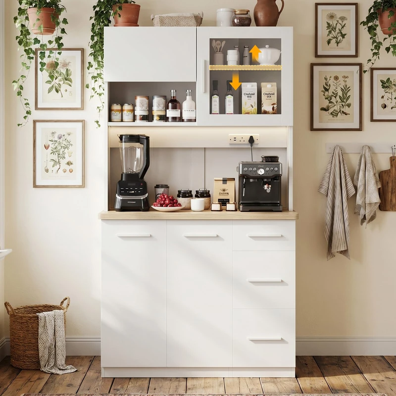 JUMMICO Buffet Cabinet, 100 x 40 x 182(H) cm, Kitchen Cabinet with 2 Sockets and 3000K LED Strips, Kitchen Buffet with Adjustable Shelves and 24mm Worktop