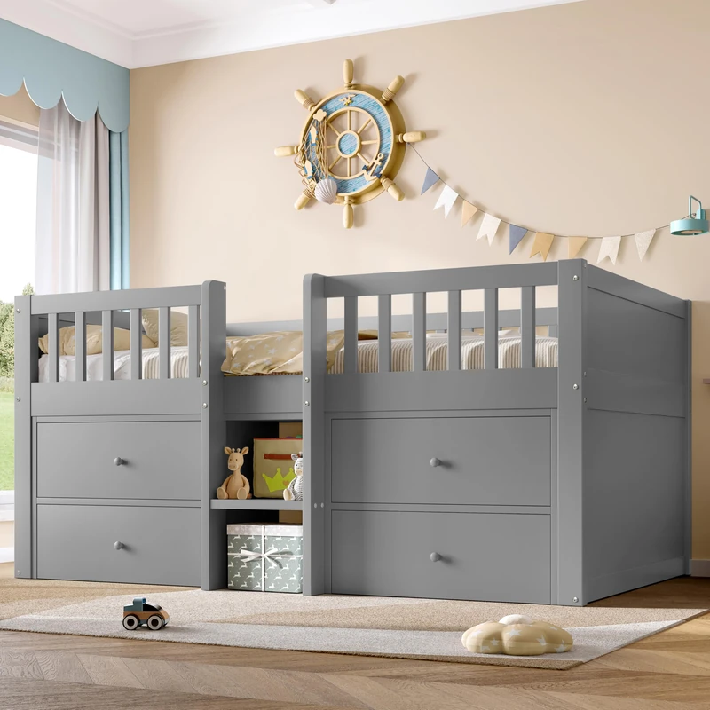 Ball & Cast Low Loft Bed with Storage, Solid Wood Bed Frame with 4 Large Drawers, 3ft Single Wooden Storage Beds with Ladder & Guardrail, Bedroom Furniture For Kids Children Teens, White,190x90 cm