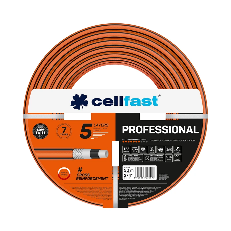 CELLFAST Garden Hose 5-Layer Professional 3/4" 50 m - Garden and Construction Hose with Cross Braided - Strong - Resistant to UV, Algae and Twisting - 28 bar - Garden Watering