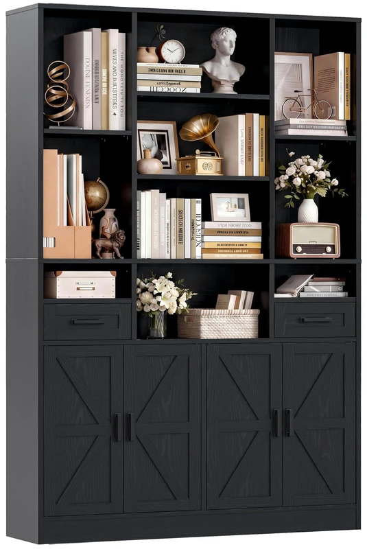 IRONCK Bookcase Bookshelf with Doors & Drawers 190cm Tall Living Room Bookcases,10 Multi-Size Open Compartments, Free Standing Display Shelf, Shelving Storage Unit for Home Office 108×30×190cm, Black - Image 1