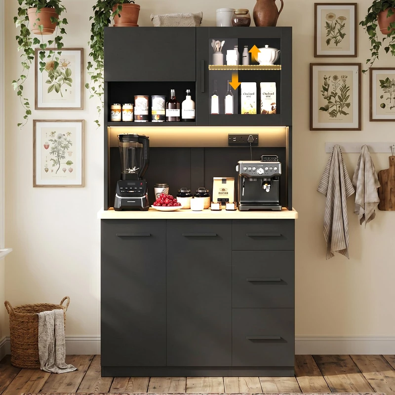 JUMMICO Buffet Cabinet, 100 x 40 x 182(H) cm, Kitchen Cabinet with 2 Sockets and 3000K LED Strips, Kitchen Buffet with Adjustable Shelves and 24mm Worktop