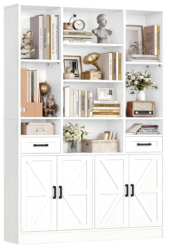 IRONCK Bookcase Bookshelf with Doors & Drawers 190cm Tall Living Room Bookcases,10 Multi-Size Open Compartments, Free Standing Display Shelf, Shelving Storage Unit for Home Office 108×30×190cm, White - Image 1
