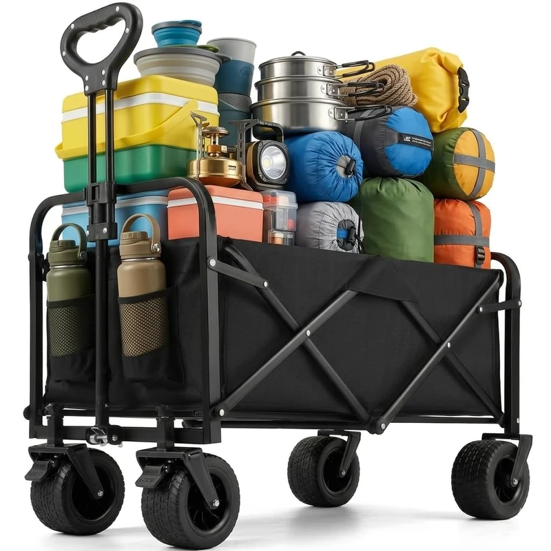XXL Handcart Foldable 200 L, 160 kg Load Capacity, All-Terrain Hand Trolley with Brakes, Extra Wide Wheels, Folding Transport Trolley for Beach, Garden & Camping, Includes Drink Holder & Adjustable