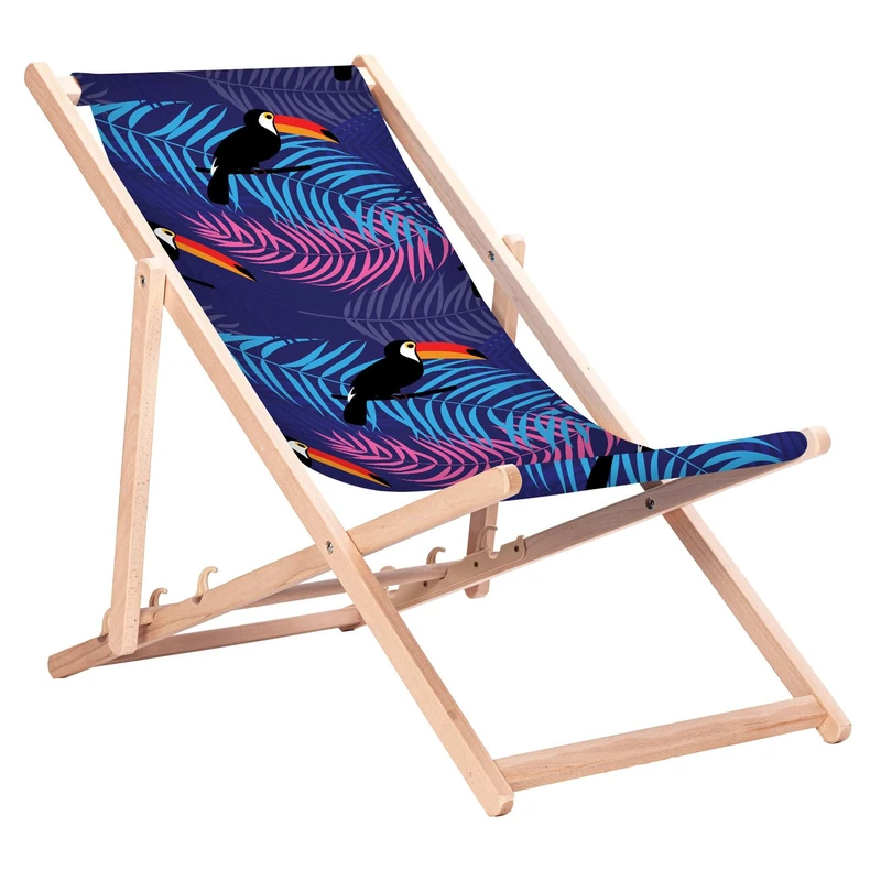 Green Blue GB183 Folding Beech Wood Deck Chair – Garden and Beach Chair with 3-position adjustable backrest and high-resolution sublimation print featuring tropical motives (Toucan) - Image 1