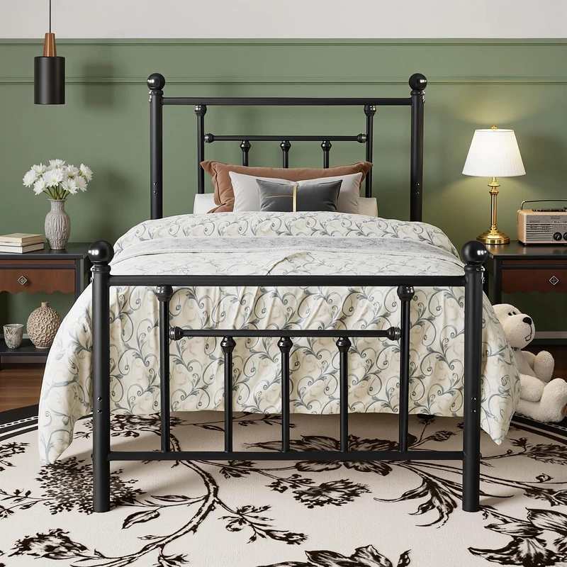 VECELO 3ft Single Bed Frame, Metal Platform with Victorian Style Headboard, Heavy Duty Steel Slat Support, No Box Spring Needed Mattress Foundation, Underbed Storage Space, Easy Assemble - Image 1