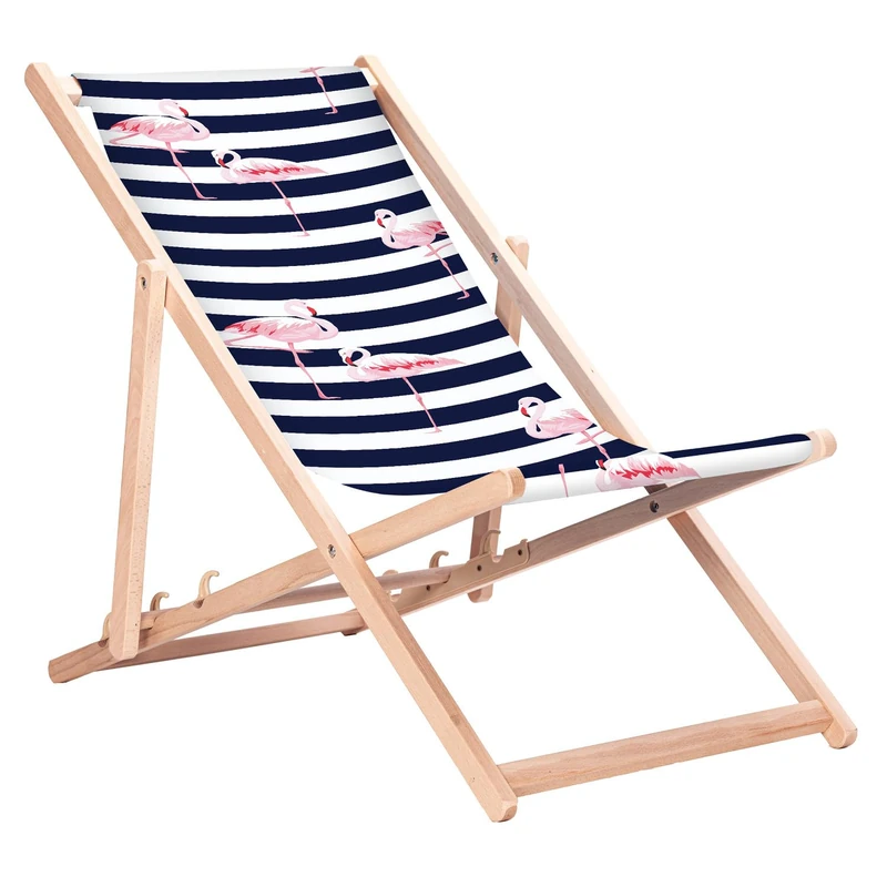 Green Blue GB183 Folding Beech Wood Deck Chair – Garden and Beach Chair with 3-position adjustable backrest and high-resolution sublimation print featuring tropical motives (Flamingo) - Image 1