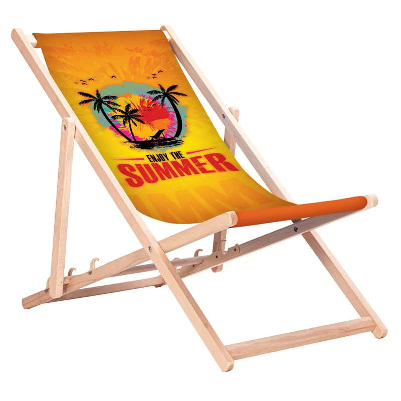 Green Blue GB183 Folding Beech Wood Deck Chair – Garden and Beach Chair with 3-position adjustable backrest and high-resolution sublimation print featuring tropical motives (Enjoy The Summer) - Image 1