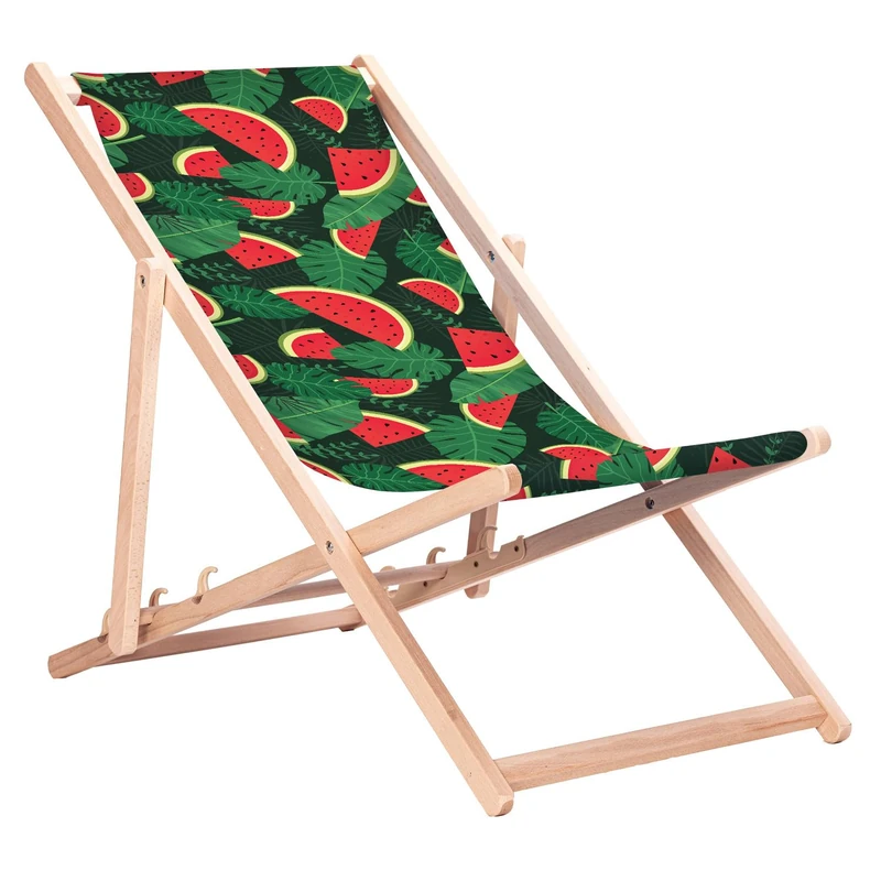 Green Blue GB183 Folding Beech Wood Deck Chair – Garden and Beach Chair with 3-position adjustable backrest and high-resolution sublimation print featuring tropical motives (Watermelon) - Image 1