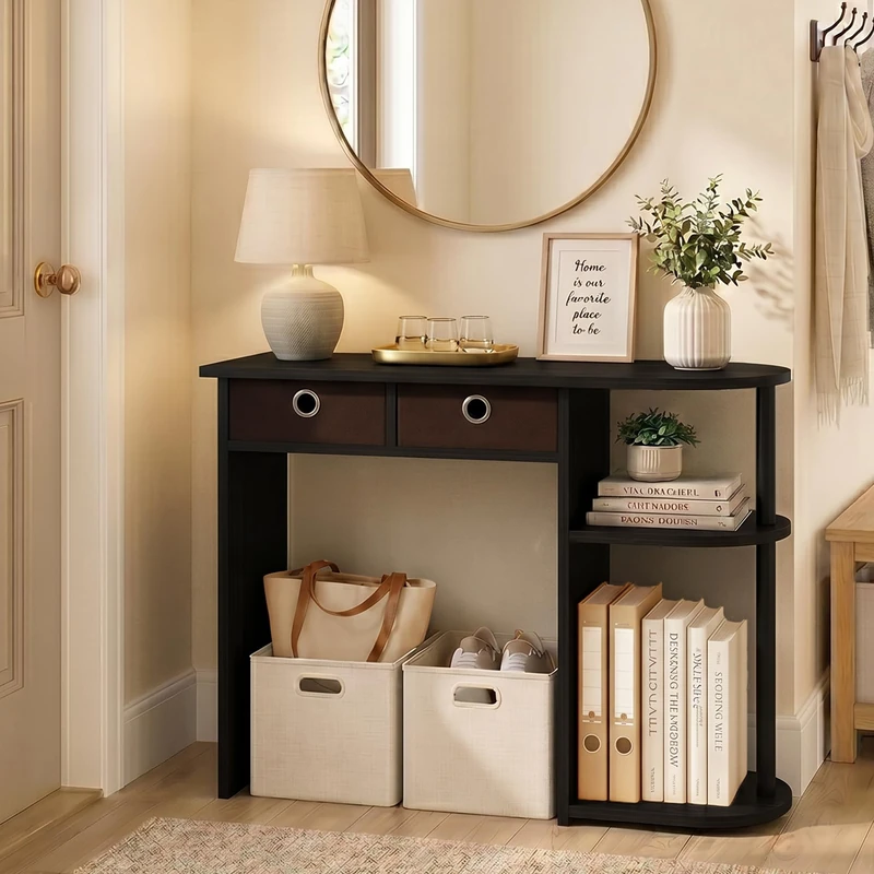 Furinno JAYA 81.3cm Black Entryway Table with 2 Fabric Drawers, Console Table with Open Shelves, Behind Sofa Couch Tables, for Living Room, Entryway, Hallway, Espresso