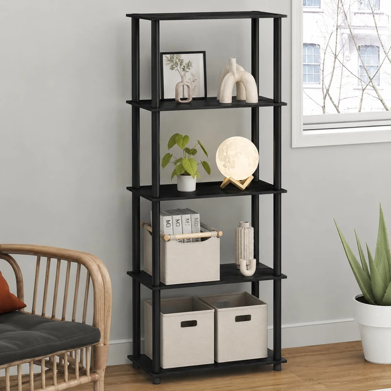 Furinno TURN-N-TUBE Toolless Assembly 5-Tier Storage Shelves, Black Book Shelf, Open Storage Bookshelf, for Organization and Storage, Living Room, Home Office, Bedroom, Dark Americano