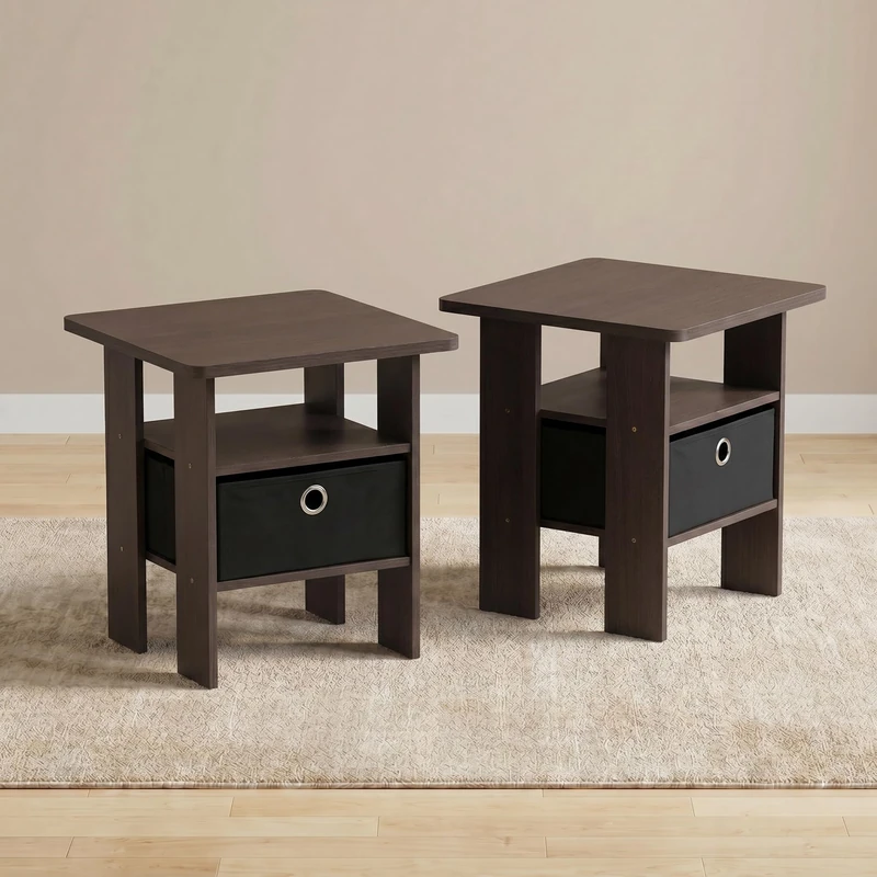 Furinno ANDREY Side Table Set of 2, 2-Tier Brown End Table, Open Shelf Night Stand with Storage Bin, Nightstand, for Living Room, Bedroom, Home Office, Brown