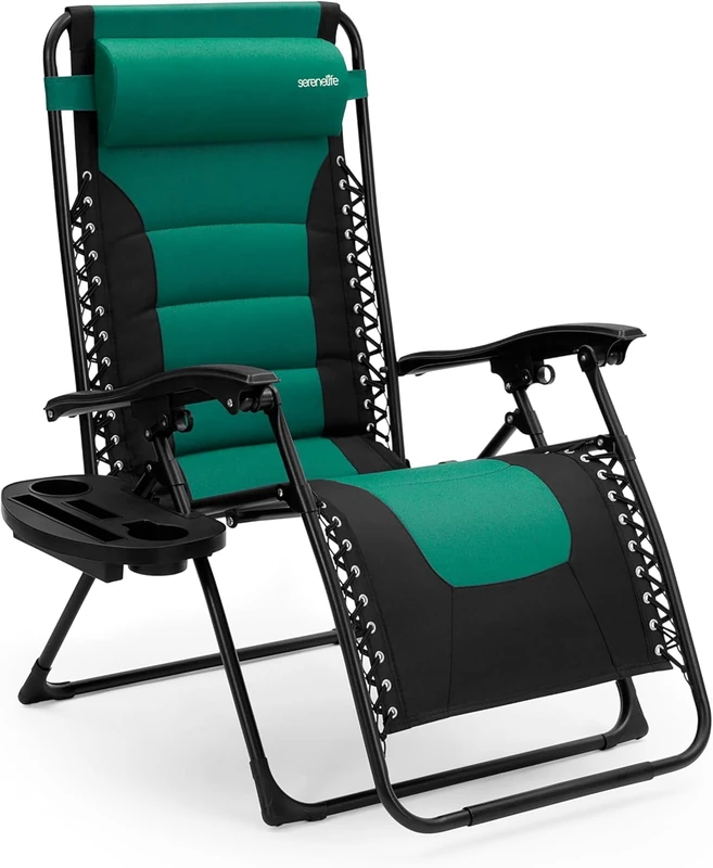 SereneLife Folding Garden Lounger with Continuously Adjustable Positions, Headrest, Drinks & Mobile Phone Holder, Green, Stainless Steel Frame, Recliner for Patio and Balcony