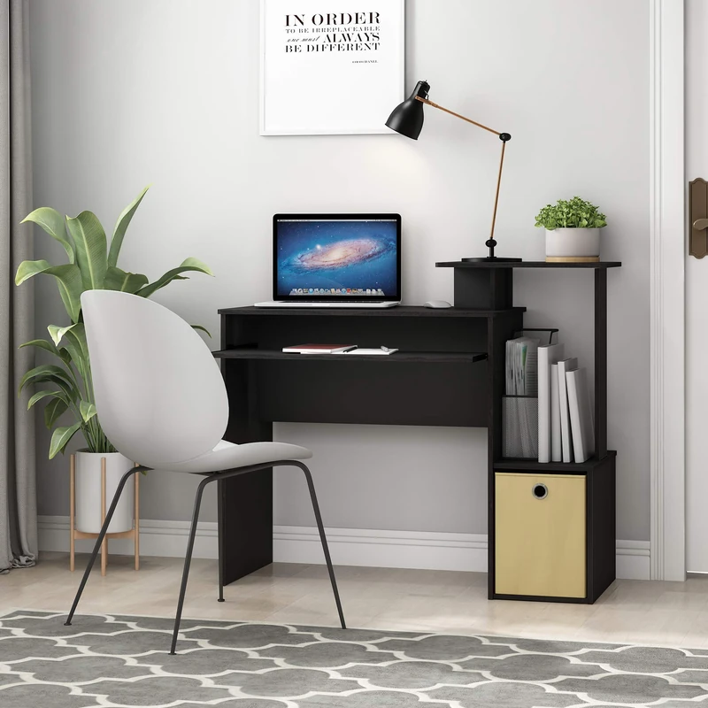 Furinno ECON 101.6cm Black Computer Desk Side Shelves, Office Desk with Keyboard Tray and Storage Bins, Rectangular Gaming Desk for Home Office, Bedroom, Study Room, CLASSIC Black