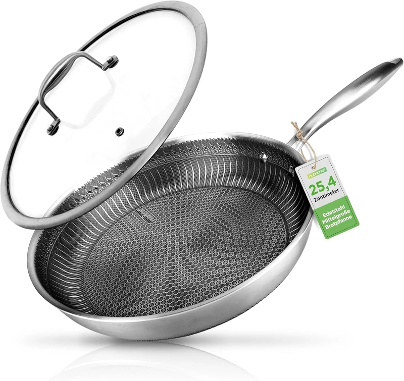 NutriChef Stainless Steel Pan 25 cm with Lid - Non-Stick Frying Pan Induction Scratch-Resistant Dishwasher Safe Oven Safe and Suitable for Metal Utensils - Image 1