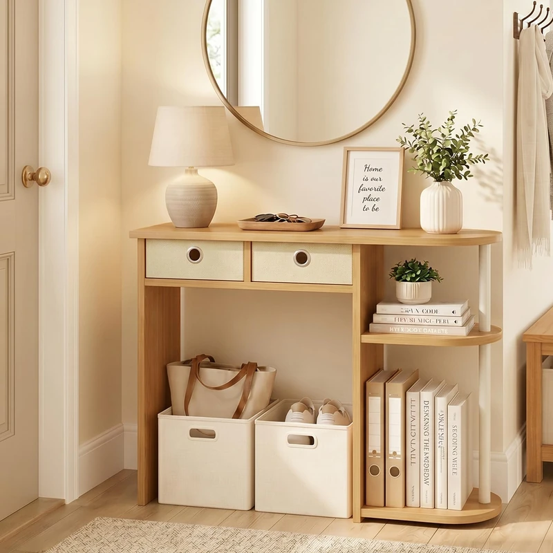 Furinno JAYA 81.3cm Oak Entryway Table with 2 Fabric Drawers, Console Table with Open Shelves, Behind Sofa Couch Tables, for Living Room, Entryway, Hallway, Beech