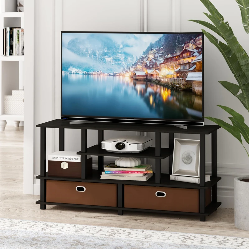 Furinno JAYA Toolless Assembly TV Stand for TV up to 55 Inch, 4-Tier Black Entertainment Center, TV Console with 2 Storage Bins, for Living Room, Bedroom, Home Office, Black Espresso