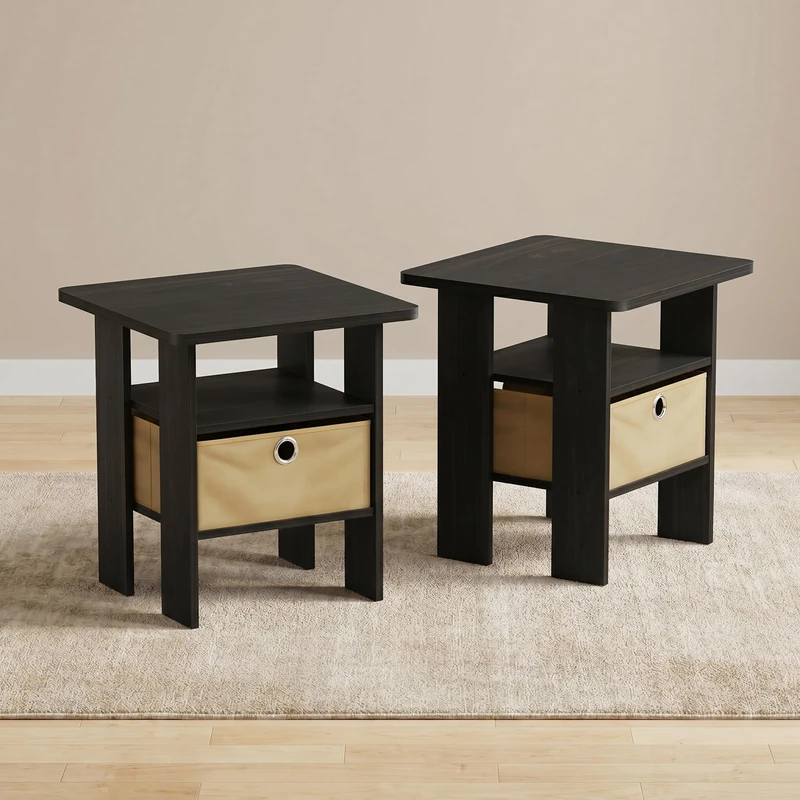 Furinno ANDREY Side Table Set of 2, 2-Tier Black End Table, Open Shelf Night Stand with Storage Bin, Nightstand, for Living Room, Bedroom, Home Office, Black Espresso
