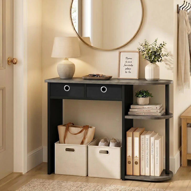 Furinno JAYA 81.3cm Grey Entryway Table with 2 Fabric Drawers, Console Table with Open Shelves, Behind Sofa Couch Tables, for Living Room, Entryway, Hallway, French Oak - Image 1