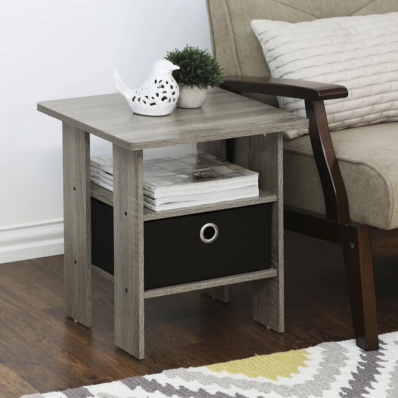 Furinno ANDREY Side Table Set of 2, 2-Tier Grey End Table, Open Shelf Night Stand with Storage Bin, Nightstand, for Living Room, Bedroom, Home Office, Grey Oak