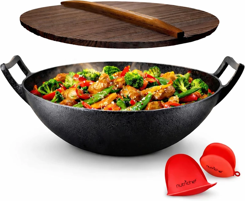 NutriChef Cast Iron Pan 30 cm - Wok Pan Induction with Lid, Cast Iron Pan for All Hobs Oven-Safe, Uncoated, Non-Stick Effect, Deep Pan with Handles - Image 1