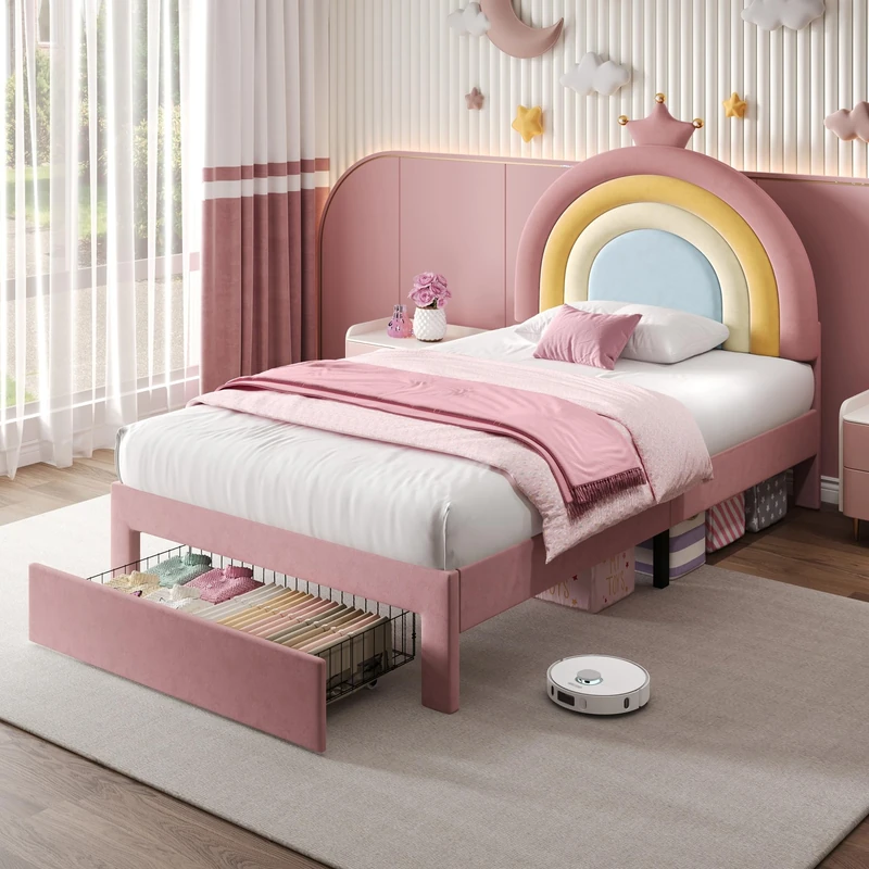 Ball & Cast 3ft Single Upholstered Bed with Adjustable Rainbow Headboard, Soft Velvet Bed Frame with Storage Drawer, Stylish Rainbow Headboard with Crown, No Box Spring Needed, Easy Assembly, Pink