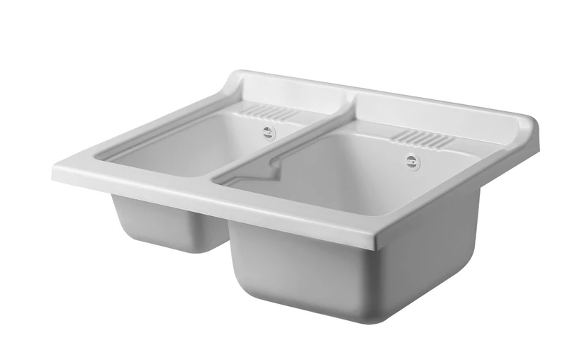 Negrari Thermoformed Bi-Bowl for Washbasin, Moisture Resistant, Acid Resistant for Common Use, Drain Kit Included, Indoor and Outdoor, W75 x D60 x H30 cm, White - Image 1
