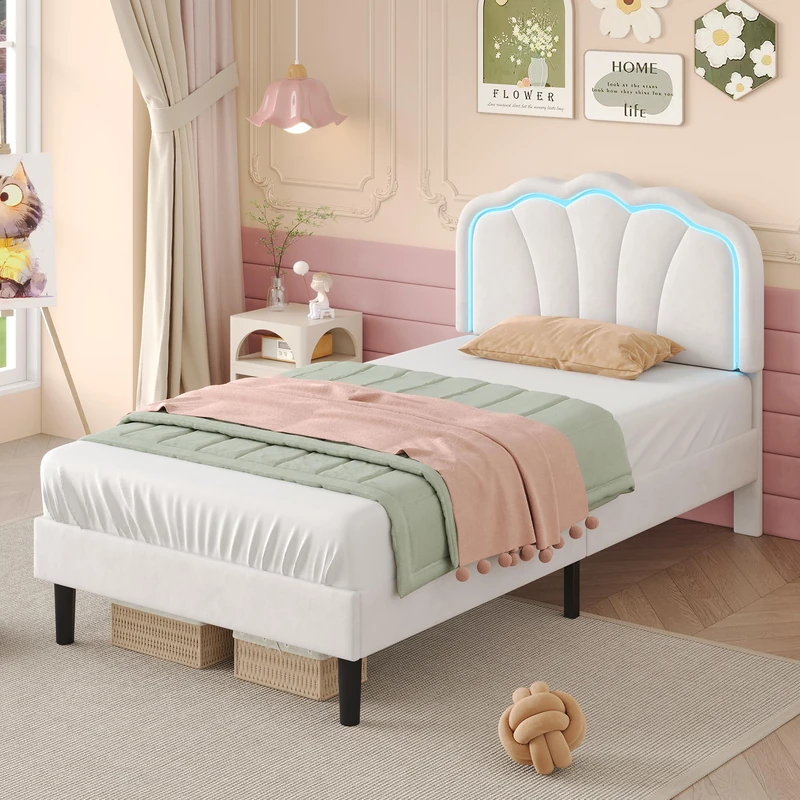 Ball & Cast Single Bed Frame, 3ft Single Upholstered Bed with LED-Lighting, Velvet Bed Frame with Adjustable Shell Shape Headboard, Solid Wood Slat, Cream White/90x190cm (No Mattress)