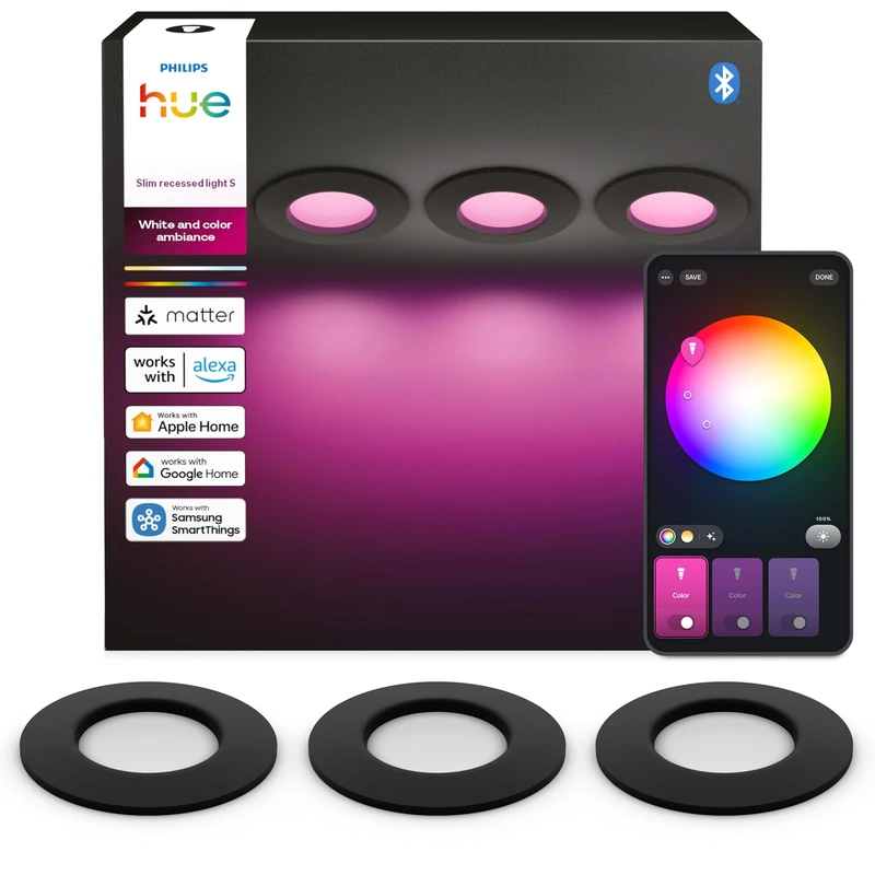 Philips Hue Slim Downlight - LED recessed spot - Bathroom Lighting - GU10 Fitting - Contains 3 recessed spotlights - Adjustable White and Coloured Light - Black - IP44: Splash-Proof - Ø 9 cm - smart - Image 1