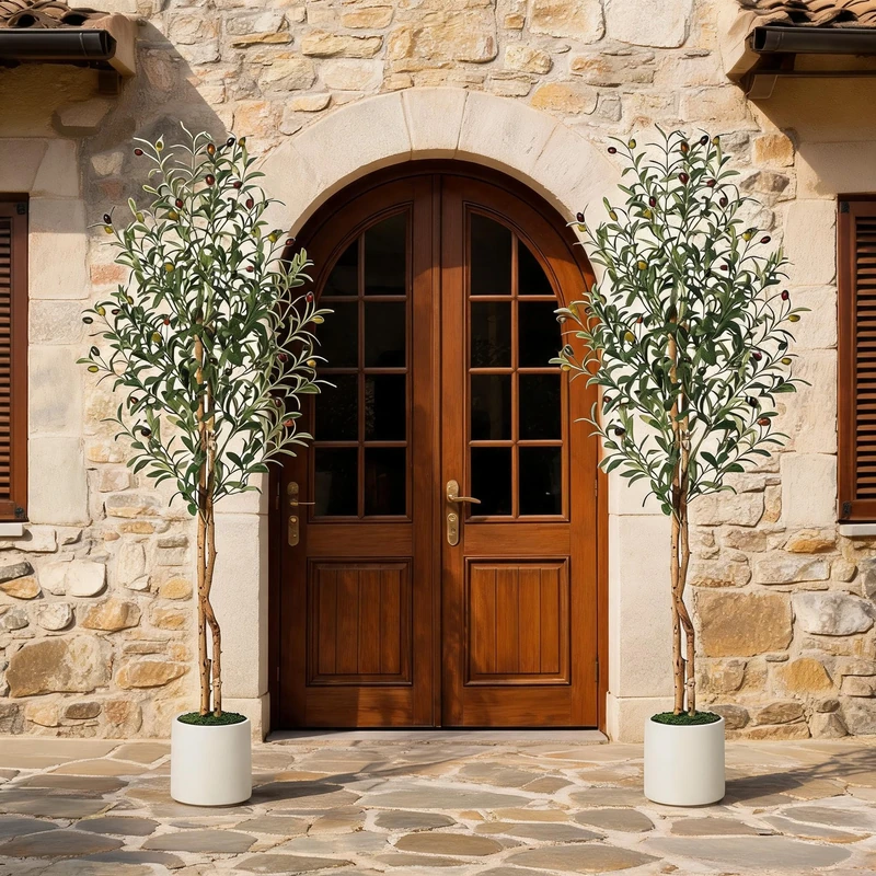 Garvee Set of 2 Artificial Olive Trees 60 Inch Artificial Olive Tree with Real Wood Trunk and Realistic Fruits Artificial Plant Indoor Tall with White Vase Home Office Decoration