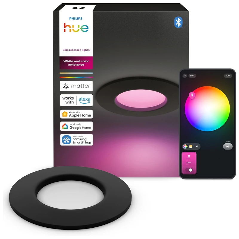 Philips Hue Slim Downlight - LED recessed spot - Bathroom Lighting - GU10 Fitting - Includes 1 recessed spot - Adjustable White and Coloured Light - Black - IP44: Splash-Proof - Ø 9 cm - smart