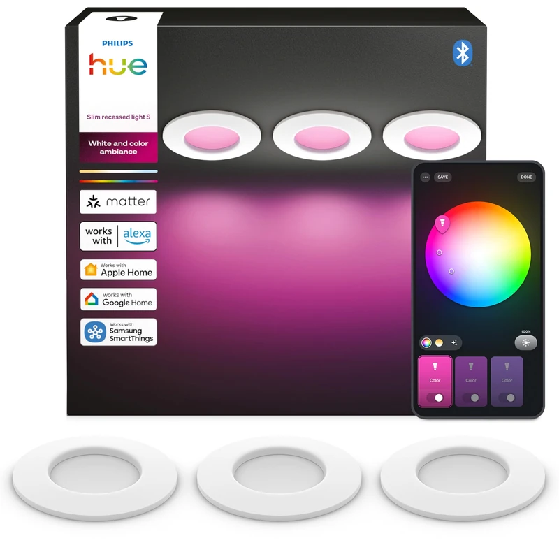 Philips Hue Slim Downlight - LED recessed spot - Bathroom Lighting - GU10 Fitting - Contains 3 recessed spotlights - Adjustable White and Coloured Light - White - IP44: Splash-Proof - Ø 9 cm - smart