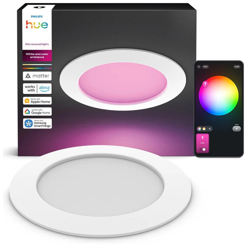 Philips Hue Slim Downlight - LED recessed spot - Bathroom Lighting - GU10 Fitting - Includes 1 recessed spot - Adjustable White and Coloured Light - White - IP44: Splash-Proof - Ø 17 cm - smart - Image 1