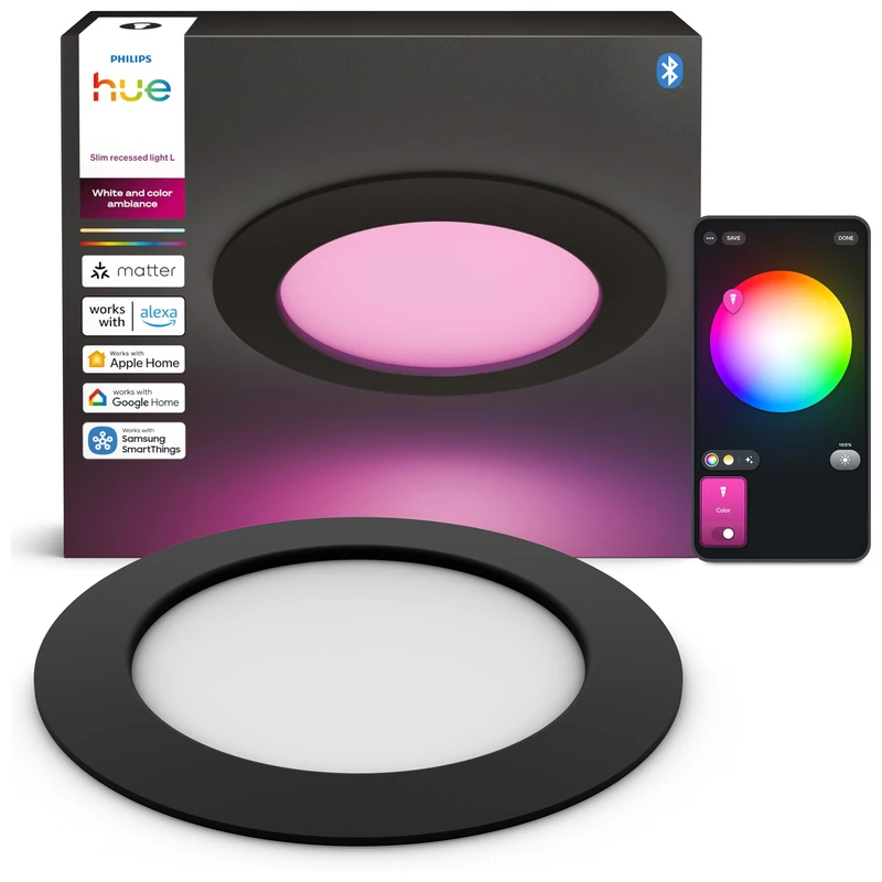 Philips Hue Slim Downlight - LED recessed spot - Bathroom Lighting - GU10 Fitting - Includes 1 recessed spot - Adjustable White and Coloured Light - Black - IP44: Splash-Proof - Ø 17 cm - smart
