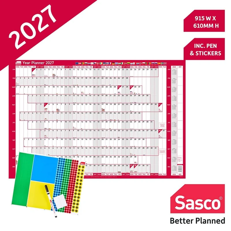 Sasco 2027 EU Year Wall Planner with wet wipe pen & pack of 378 stickesr, Red, Board Mounted, 915mmW x 610mmH - Image 1