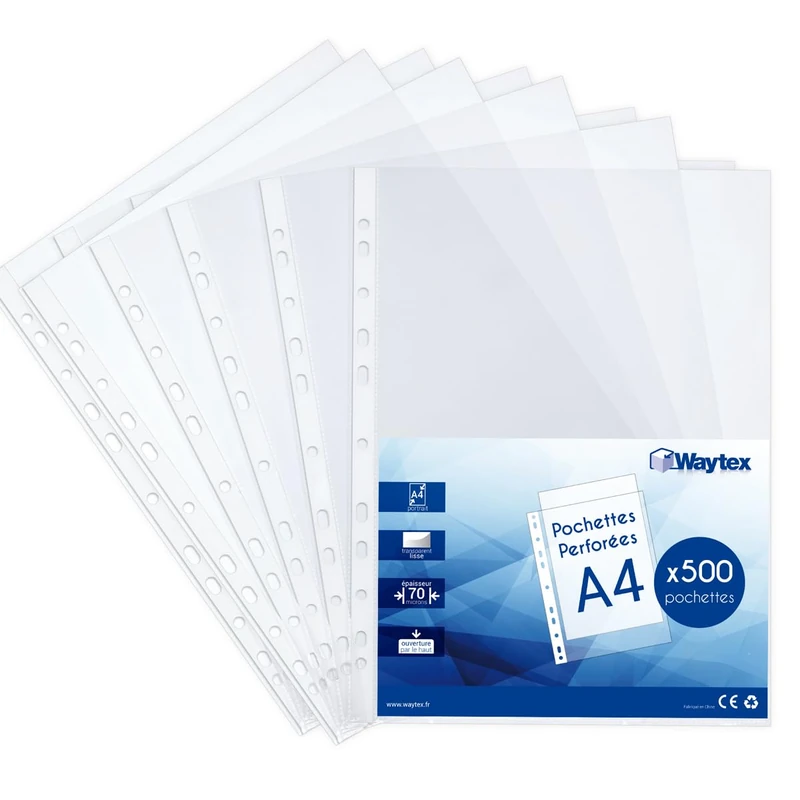 500 Pack A4 Smooth Punched Plastic Pockets Heavy Duty Strong Capacity 70 Micron Gloss Polypropylene Anti-Static File Folder Folder