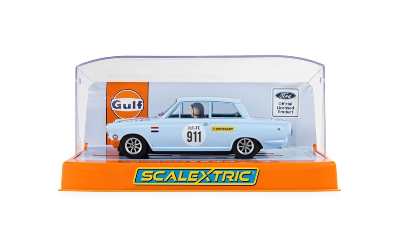 Scalextric C4669 Ford Lotus Cortina Gulf Edition Slot Car, 1:32 Scale, Blue and Orange, Car No. 911, with Lights and Magnatraction - Image 1