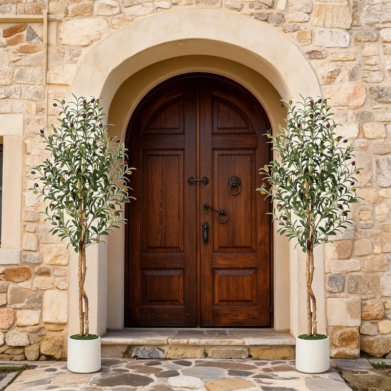 Garvee Set of 2 Artificial Olive Trees 84 Inch Artificial Olive Tree with Real Wood Trunk and Realistic Fruits Artificial Plant Indoor Tall with White Vase Home Office Decoration