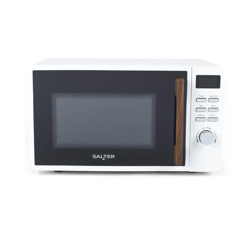 Salter Toronto Digital Microwave Oven, 800 W, 20 L Countertop Microwave, 8 Auto Cooking Presets, 5 Power Levels, 60-Minute Timer, White Microwave with Wood Effect Accents