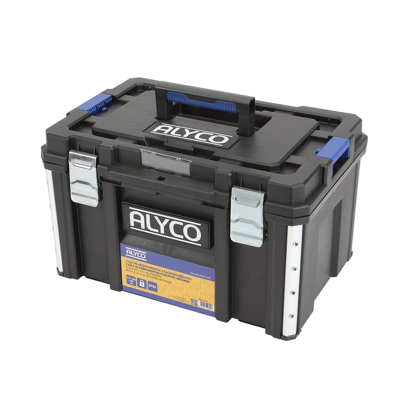 Alyco - StackPro Stackable Tool Box | 51.2×36×30.7 cm | Metal Clasps and Ergonomic Handle, Workshop and DIY Organizer, IP65 Resistance and Padlock Holes (M)