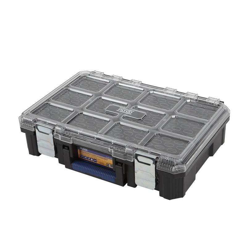 Alyco - StackPro Stackable Tool Box with Compartments | 51.5 x 36 x 13.7 cm | Workshop and DIY Organizer with Ergonomic Handle, IP65 Resistance and Padlock Holes
