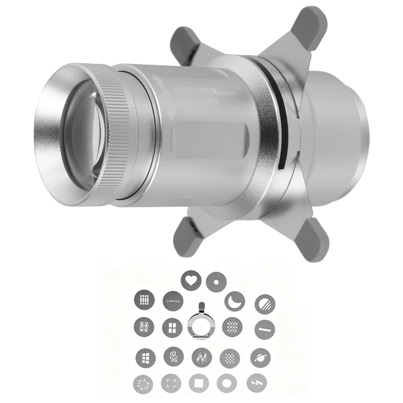 NEEWER BASICS Spotlight Conical Optical Snoot Only for FL10/FL20/FL10P Photography Flashlight, 4X Brighter Projector Attachment with Adjustable Focus, 30° Beam Angle, 20 Metal Gobos, LS01