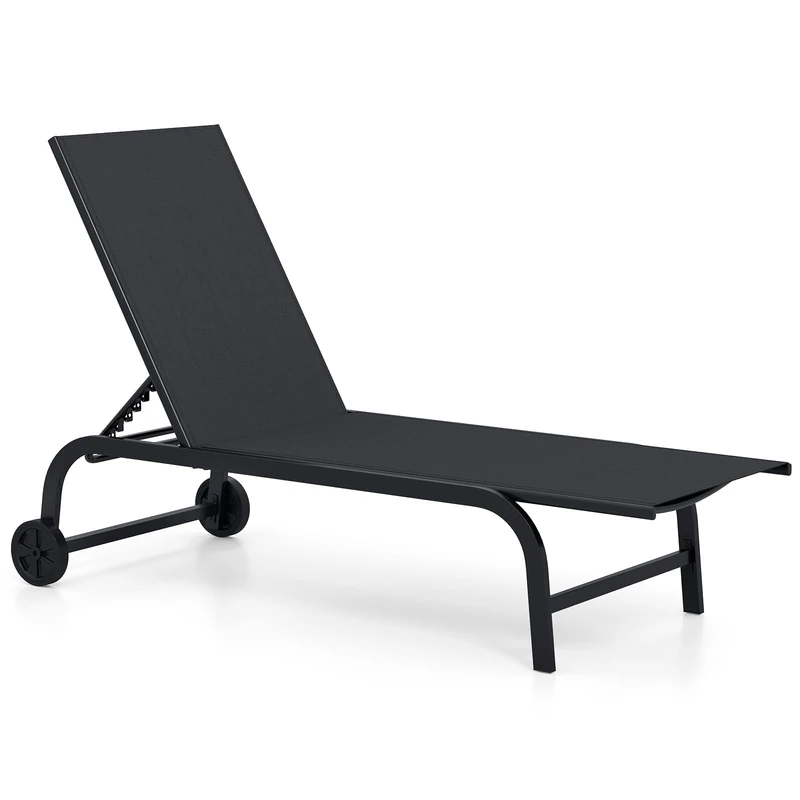 FANTASK Garden Lounger with Wheels, Beach Chair with Quick-Drying Fabric and 6-Way Adjustable Backrest, Sun Lounger on Wheels, Load Capacity up to 150 kg, Sun Lounger for Garden, Balcony (Black)
