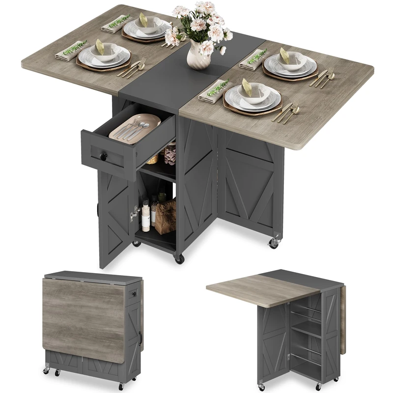 Jocoevol Folding Dining Table with Wheels, Kitchen Table with 1 Drawer and 2 Storage Areas, Suitable for 2-4 People, Folding Dining Table for Small Spaces, Dining Room and Kitchen (Carlo Grey)