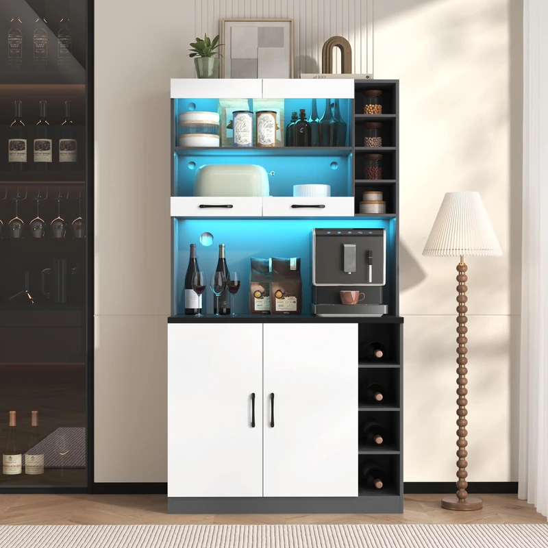 Ball & Cast Kitchen Tall Cabinet, Pantry with LED Lighting, Wooden Kitchen Cupboard, Large Space for Microwave, Freestanding, Height-Adjustable Side Storage Shelves, White, 100x47x187 cm