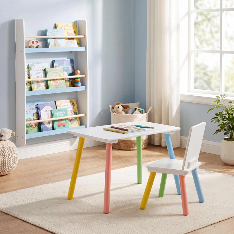 Rainbow Table and Chair & Bookshelf Set, White & Blue, Children's Bedroom Furniture Set, Wooden