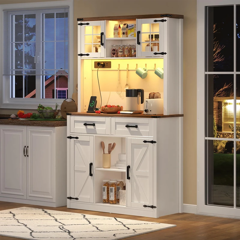 Ball & Cast Kitchen Cupboard, Tall Kitchen Cabinet, Buffet Sideboard with LED Lighting, Sockets, Charging Station & 2 Large Drawers, Barn Door Design, Adjustable Shelves, White, 100x40x172 cm - Image 1