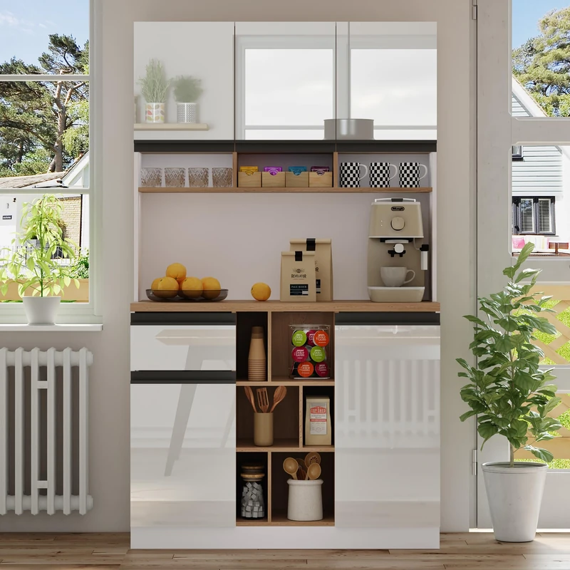 Ball & Cast Kitchen Cupboard, Tall Kitchen Cabinet, Buffet Sideboard, with High-Gloss Doors, Adjustable Shelves, Drawers & Open Storage, Tip-Over Protection, for Dining Room, White, 105x45x185 cm - Image 1
