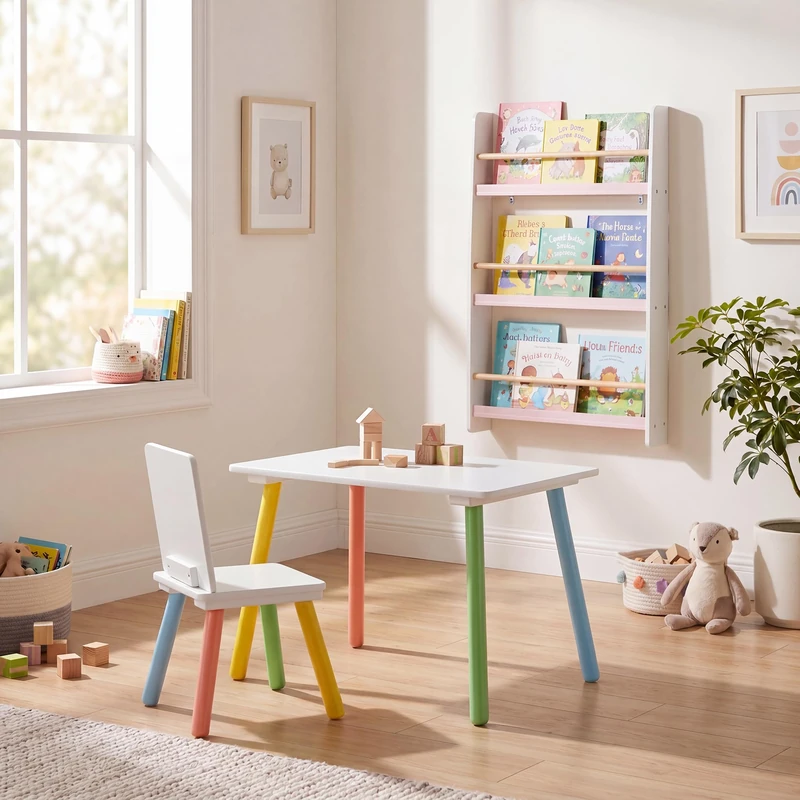 Rainbow Table and Chair & Bookshelf Set, White & Pink, Children's Bedroom Furniture Set, Wooden